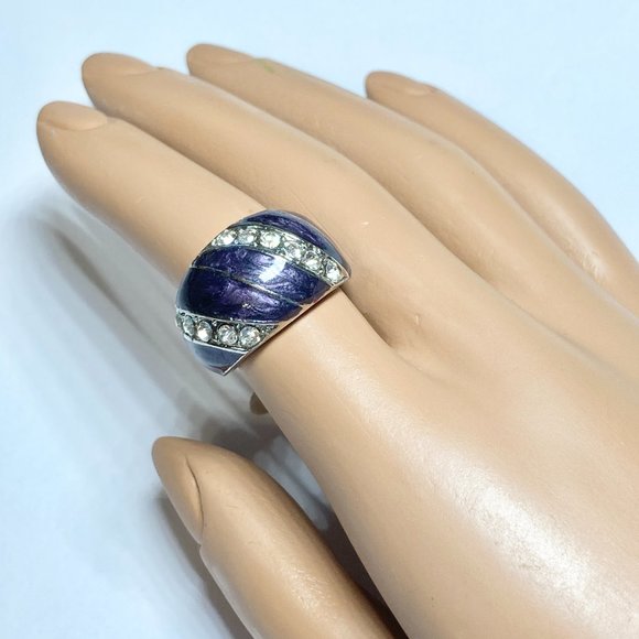 Vintage Purple Enamel Cocktail Ring Silver Plated Crystal Rhinestone Size 7 Boho - Picture 3 of 11